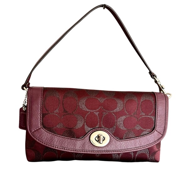 Coach Limited Edition Small Flap Bag Signature Metallic Accents Burgundy Leather - Picture 1 of 17